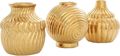 Deco 79 Ceramic Abstract Decorative Vase Small Textured Centerpiece Vases with Varying Shapes and Patterns, Set of 3 Flower Vases for Home Decoration 5" W, 6" H, Gold
