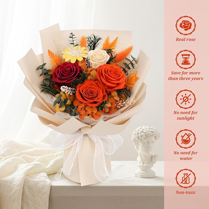 Flowers for Delivery Prime Real Preserved Flowers Bouquet That Last 3-5 Years Forever Roses Flowers Bouquets Gifts for Mom Anniversary Thanksgiving Birthday Women Grandma Wife Friends Gift (Orange)