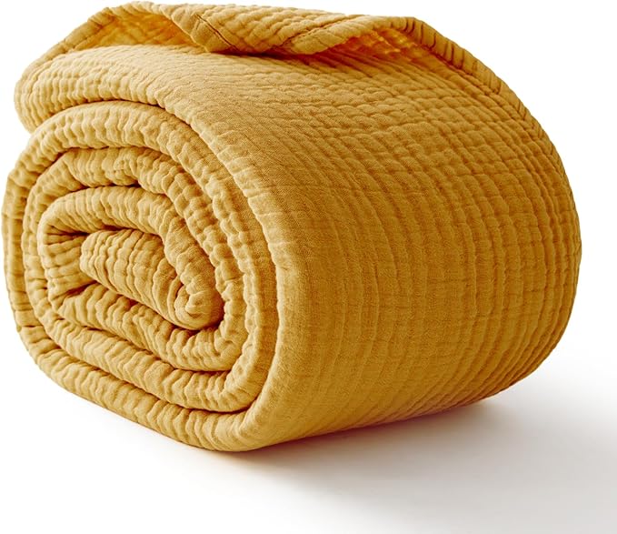 100% Cotton Muslin Blanket 50"x 60", 6 Layers Breathable and Lightweight Cotton Throw Blankets for Couch, Soft Cooling Summer Gauze Blanket for Adults All Season, Mustard