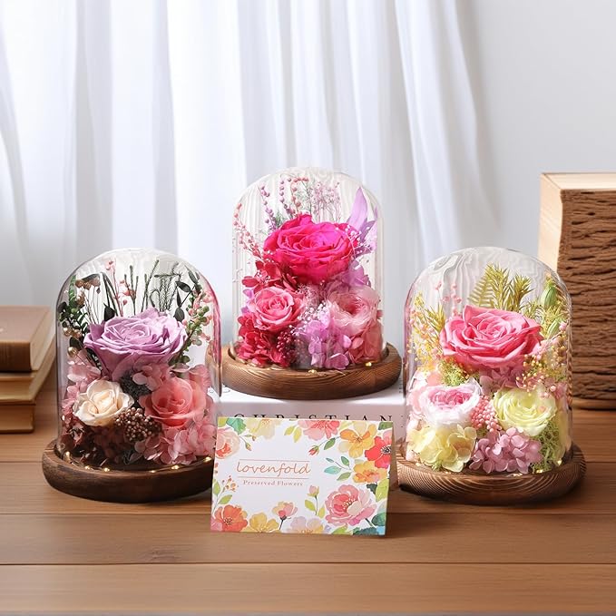 LOVENFOLD Flowers for Delivery Preserved Flowers with LED Light in a Glass Dome,Long Lasting Forever Roses Birthday Gifts for Women Daughter Mom Wife Friend（Reddish Rose）