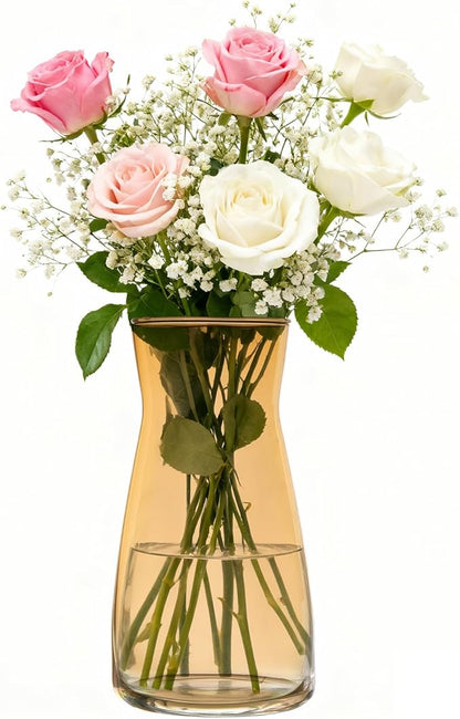 Modern Clear Glass Vase for Centerpiece Table Home Indoor Desk Decor, Decorative Flower Vases for Wedding Reception, Home Decor, Housewarming Gift (Amber)