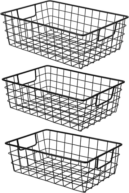Wetheny 3 Pack Extra Large Wire Basket with Metal Handles, Metal Basket for organizers and storage, Wire Storage Baskets for Pantry, Cabinet, Fridge, Kitchen, Wardrobe, Garage, Bathroom, Black