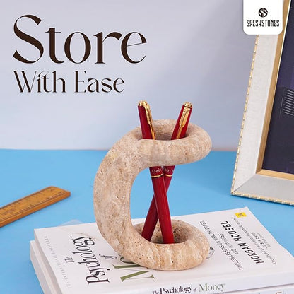 Marble Pen Holder for Desk 4 Inch Handmade Travertine Pencil Holder for Desk Accessories, Gifts & Workspace Organizers, Stationary Holders Organizer for Office Supplies Decor