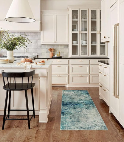 Lahome Modern Abstract Hallway Runner Rug 8ft, Washable 2x8 Rug Runners for Hallways Non Slip, Soft Bathroom Kitchen Runner Non Skid Carpet Runner for Entryway Laundry Bedroom RV, Blue/Grey