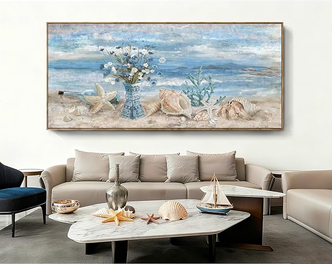 Nicetop Extra Large Framed Wall Art for Living Room Blue Boho Ocean Beach Coastal Daisy Flower in Vase Picture Huge Seascape Canvas Print Painting Oversized Seaside Artwork for Home Office 86x39inch