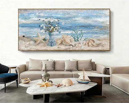Nicetop Extra Large Framed Wall Art for Living Room Blue Boho Ocean Beach Coastal Daisy Flower in Vase Picture Huge Seascape Canvas Print Painting Oversized Seaside Artwork for Home Office 86x39inch