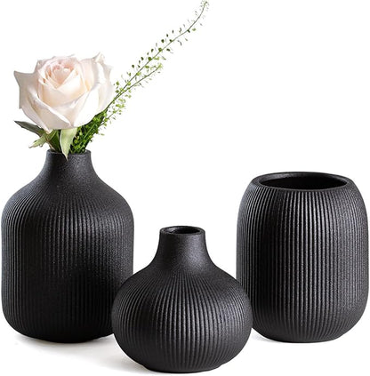 Dnnnii Modern Black Ceramic Vase Set of 3, Ribbed Texture Boho Minimalist Home Decor, Small Decorative Vases for Centerpiece, Shelf, Tabletop - Aesthetic Touch for Neutral & Transitional Spaces
