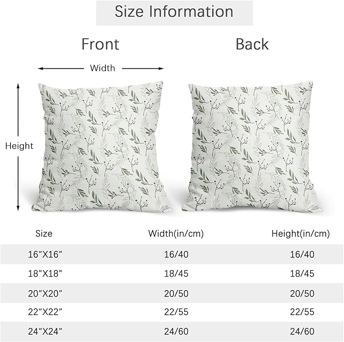 Sage Green Spring Pillow Covers 24x24 Set of 2 Leaves Throw Pillow Covers Neutral Pillowcase Linen Decoration Farmhouse Soft Decorative Plants Vintage Cushion Case Couch for Indoor Outdoor Home Decor