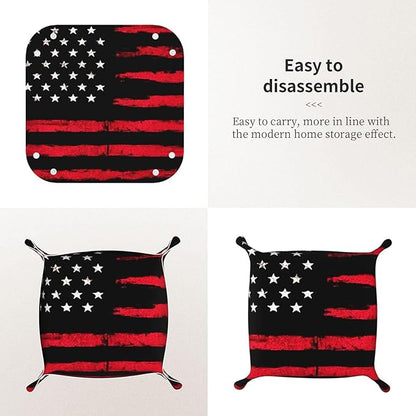 Valet Tray for Men Husband Boyfriend Boys – Catchall Bedside Vanity Tray, Nightstand Caddy Leather Holder for Keys, Phone, Wallet, Coins, Trinkets & Jewelry Black Red American Flag 015