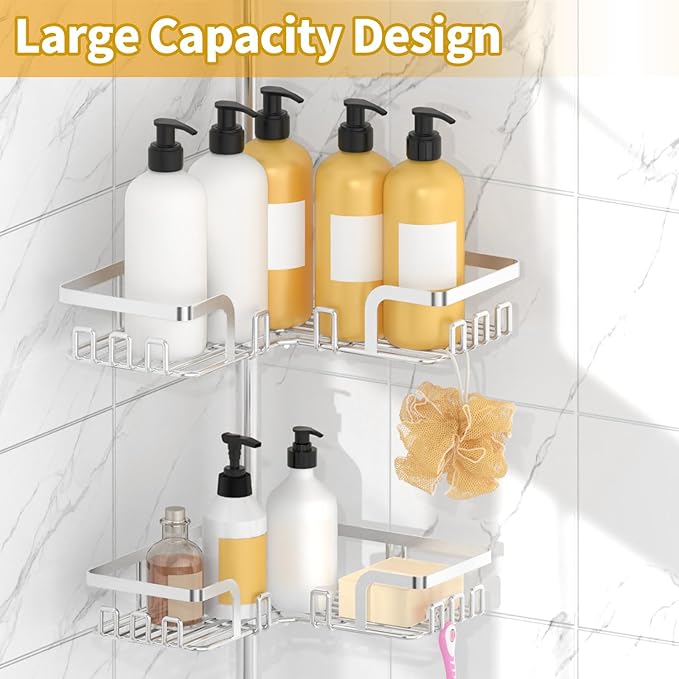 KEGII Adjustable Shower Caddy Corner Tension Pole, Rustproof Shower Rod Organizer with Hooks, Floor to Ceiling Tension Rod 25-114.2 Inch, Bathtub Storage Organizer for Shampoo, 4-Tier Silver