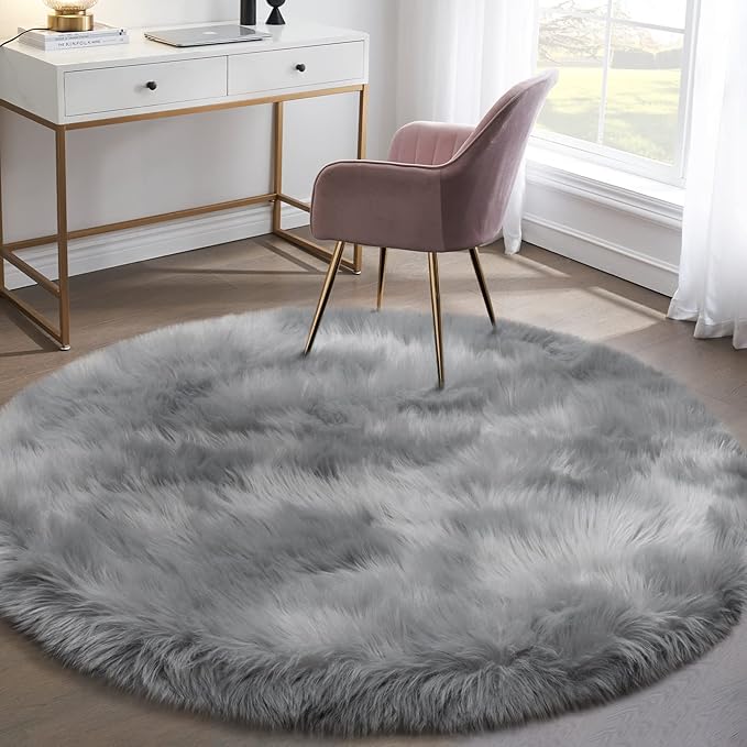 Fluffy Round Rug for Kids Room Grey Circle Faux Fur Area Rug for Bedroom, 4x4 Fuzzy Shag Rugs Furry Nursery Rug Teepee Mat, Gray Circular Plush Floor Carpet