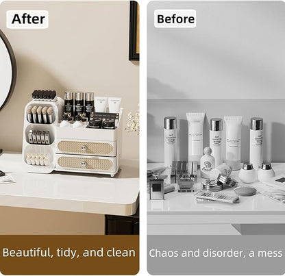 Makeup Organizer with Drawers,Large Capacity Countertop Organizer for Vanity,Bathroom and Bedroom Desk Cosmetics Organizer,Easy To Storage Skincare,Brushes,Lotions,Lipstick (All white)
