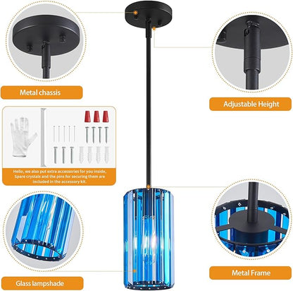 Modern Crystal Pendant Light Mini Dark Blue Chandeliers Adjustable Pendant Lights Fixture for Kitchen Island Dinning Room Corridor Bedroom(Dark Blue 2-Pack