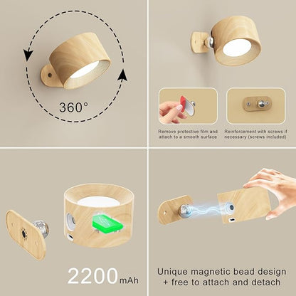 Koopala 2PACK LED Wall Lamps with Rechargeable Battery Operated, Wall Mounted Lights with 3 Brightness 3 Color Temp Removable Charging 360°Rotate Magnetic, Cordless Wall Sconces for Reading Bedside