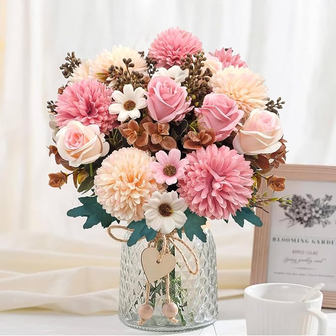3 Pcs Fall Flowers Artificial Mums Silk Fake Mums Bouquet Faux Floral Arrangements Home Indoor Outdoor Planter Decor Party Wedding Table Autumn Decoration (Pink)