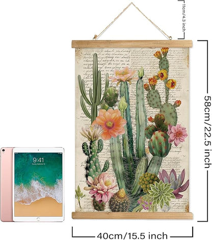 Vintage Spring Flower Poster Print, Botanical Educational Illustration, Rustic Wooden Hanger Frame, Linen Canvas Wall Art Decor, Farmhouse Cottagecore Style for Living Room Bedroom Office (16" x 23")
