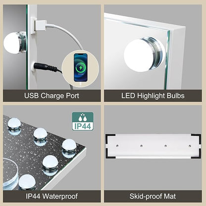 S'bagno Vanity Mirror with Lights, 12 Dimmable LED Bulbs Hollywood Mirror, 3 Color Modes & Memory Function Makeup Mirror with Lights, Detachable 10X Magnification, Touch Control, USB-A(19''x14'')