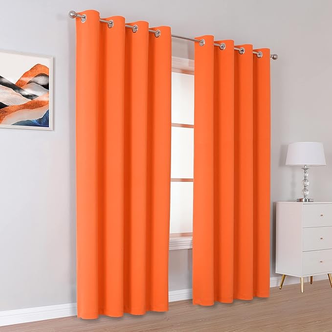 DUALIFE Orange Curtains for Living Room Bedroom Halloween Decor Fall Color Light Blocking Triple Weave Room Darkening Window Curtain Panels Grommet Top 52 X 84 Inces Long