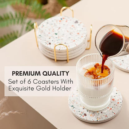 Terrazzo Drink Absorbent Coasters with Holder Set of 6, Ceramic Coaster for Drinks, Coffee Table Decor, Water Absorbing Stone Coaster for Drinks (Marble)