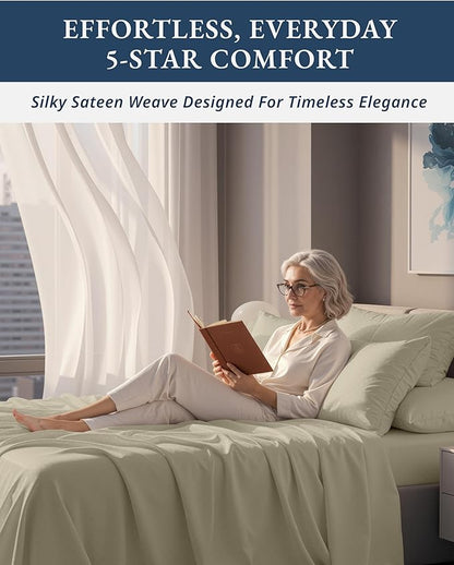 100% Egyptian Cotton Sheet Set Queen Size – Silky Sateen Weave Queen Sheet Set for Winter Sleep Comfort, 15" Snug Fit Deep Pocket, Breathable Hotel-Quality Soft Luxury You Can Feel - Swiss Dot Linen