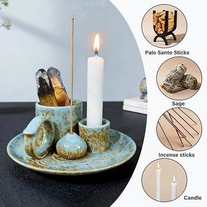 4-in-1Blue Ceramic Palo Santo Burner Holder - Small Incense Burner & Smudge Tray Bowl for Incense Sticks/Cones & Sage - Ideal for Meditation Rooms,Zen and Aromatic Scents - Matches Compatible