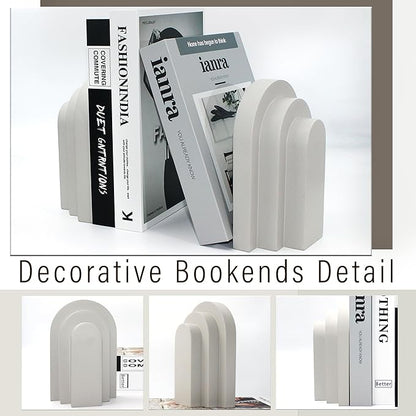 Heavy Duty Book Ends for Shelves, Decorative Bookends for Heavy Books Set of 2, 6.6 LBS Modern Book Stopper for Home Decor, Bookshelf, Aesthetic Bookend with Layered Arch Design, Gray