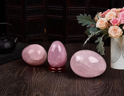 AMOYSTONE Rose Quartz Crystal Egg with Base for Healing Reiki Home Decor - Easter Egg Height 2.5-3