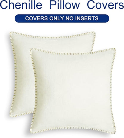CaliTime Throw Pillow Covers Decorative 26 X 26 Inches Pack of 2 Cotton Thread Stitching Edges Solid Dyed Soft Chenille Cushion Cases for Couch Sofa Bed Living Room Farmhouse Cream