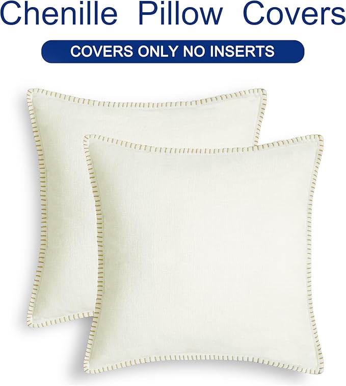 CaliTime Throw Pillow Covers Decorative 18 X 18 Inches Pack of 2 Cotton Thread Stitching Edges Solid Dyed Soft Chenille Cushion Cases for Couch Sofa Bed Living Room Farmhouse Cream