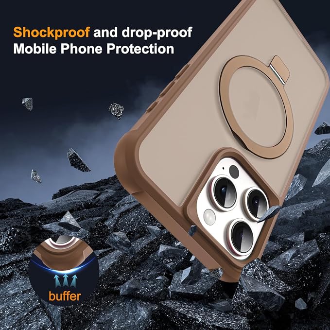 Compatible with iPhone 15 Pro Case with Invisible Magnetic O-Ring Stand Military-Grade Translucent Case for iPhone 15 Pro 6.1" [Compatible with Mag-Safe][Great Grip Feeling],Desert Brown