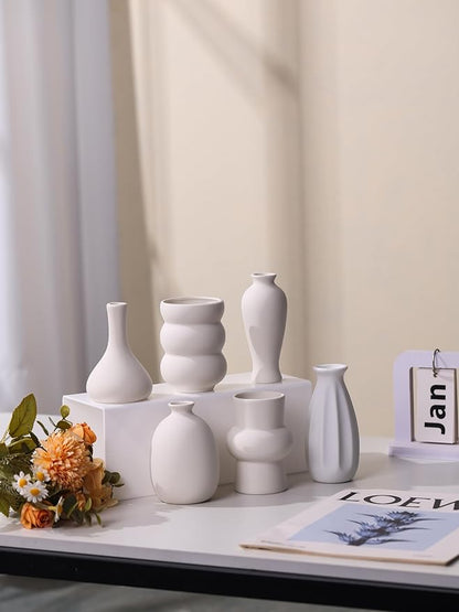 Set of 9 Ceramic Bud Vases for Pampas Grass Flowers, Small Vases in Bulk for Centerpieces Boho Vases for Wedding Decorations Neutral Living Room and Bedroom Decor DIY Gift (White-3)