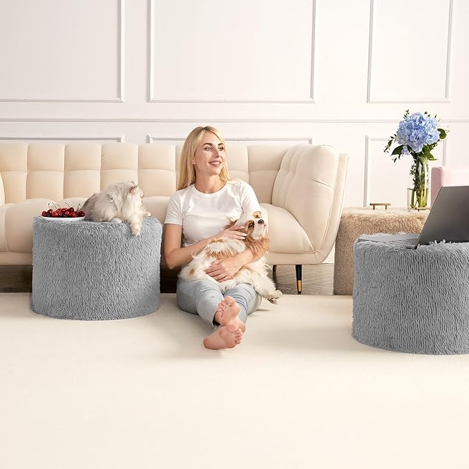Hansleep Pouf Ottoman Foam Filled 17 x 14, Faux Fur Round Ottoman Foot Rest for Chair with Washable Cover, Foot Stools Under Desk for Living Room & Bedroom, Grey