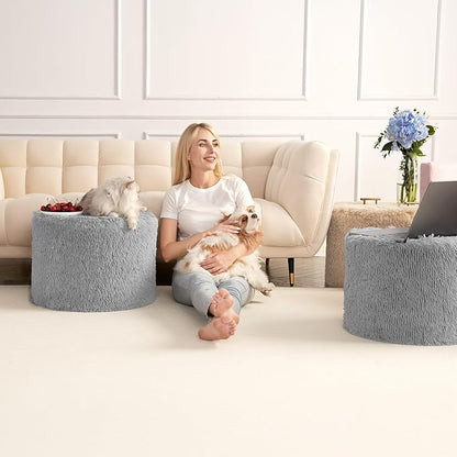 Hansleep Pouf Ottoman Foam Filled 17 x 14, Faux Fur Round Ottoman Foot Rest for Chair with Washable Cover, Foot Stools Under Desk for Living Room & Bedroom, Grey
