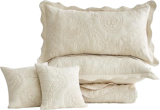 HZ & HY Oversized King Bedspread 138x122 Extra Wide, Quilted Coverlet Bedding Set, Lightweight Thin Comforter, Reversible, Luxurious, 5 Piece, 100% Microfiber, California/Alaskan King, Ivory Yellow