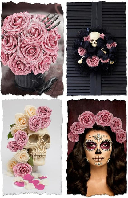 N&T NIETING Artificial Flowers Glowing Dark Pink Flowers Foam 25pcs Glitter Roses Real Looking Fake Roses with Stem for Valentine's Day DIY Wedding Bouquets Centerpieces Party Home Decorations