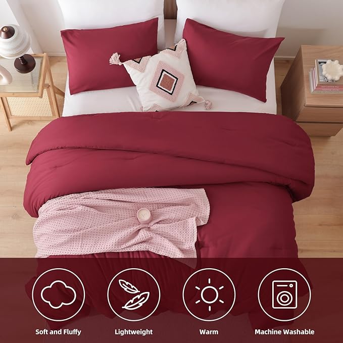 ROSGONIA Oversized King Comforter Dark Red, 3pcs (1 Boho Red Comforter & 2 Pillowcases) Lightweight Oversized King Size Comforter Sets Bedding Blanket