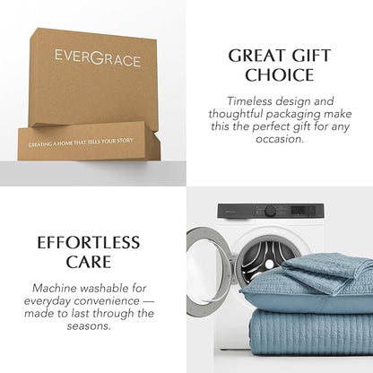 EVERGRACE x Kinsey Walsh Cross Stitch Pre-Washed Cotton Quilt Bedding Set King Size, Oversized 3 Pieces Lightweight Bedspread Coverlet for All Season, with 2 Matching Shams, Dusty Blue, 118"x106"