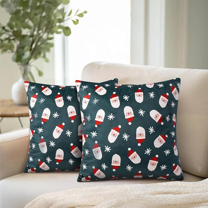 PAVILIA Holiday Throw Pillow Covers 18x18 Set of 2, Decorative Pillow Cases Bed Sofa Couch, Christmas Winter Accent Decor Cushion Bedroom Living Room, Velvet Square Euro Sham Covers, Santa Green