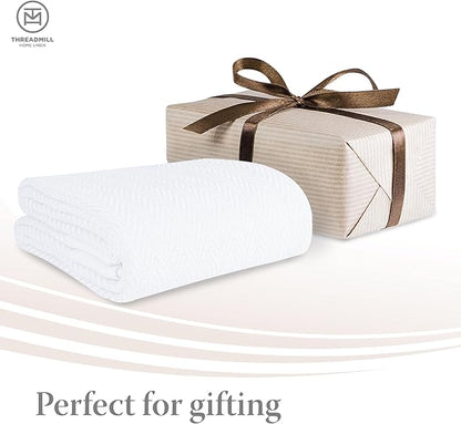 Threadmill Luxury Cotton Blanket for Queen Size Bed | All-Seasons Breathable Oeko TEX 100% Cotton Queen Blanket | Cozy, Soft Fall Thermals fits Full Size Bed, 90x92 inches | White
