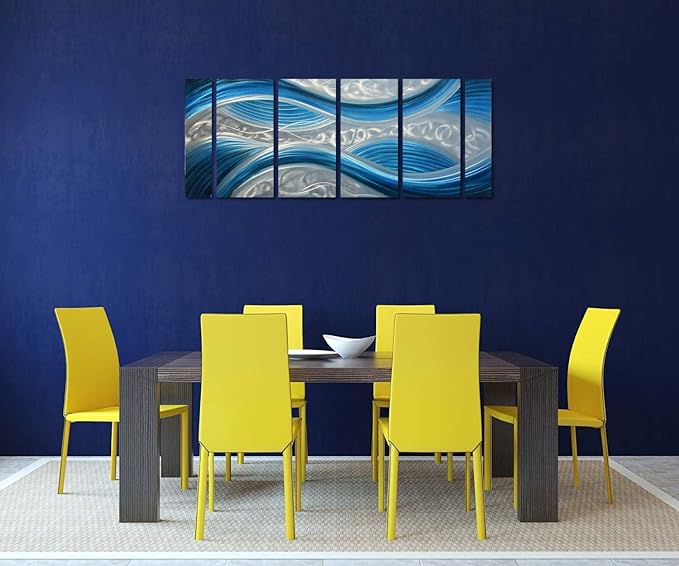 Handmade Abstract Metal Wall Art with Soft Color, Large Scale Decor in Blue Line Design Metal Art, 3D Artwork for Indoor Outdoor Wall Decorations, Decorative hanging in 6-Panels Measures 24"x 65"