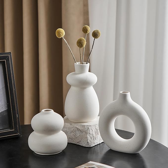 White Ceramic Vase Set of 3 Small Flower Vases for Home Decor, Modern BohoVase for Pampas Grass, Round Decorative Vases Table Centerpieces for Wedding Living Room Shelf Coffee Table (White Vase - A)