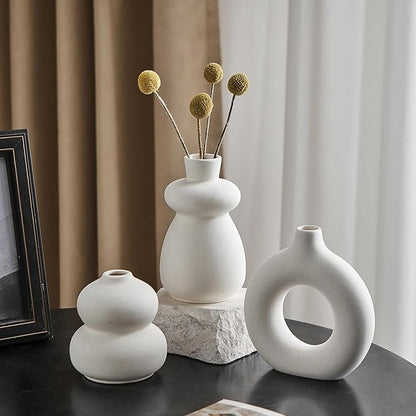 White Ceramic Vase Set of 3 Small Flower Vases for Home Decor, Modern BohoVase for Pampas Grass, Round Decorative Vases Table Centerpieces for Wedding Living Room Shelf Coffee Table (White Vase - A)