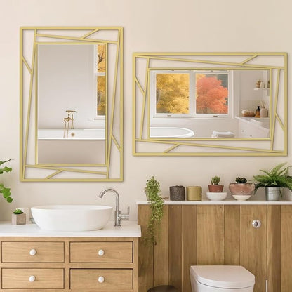 Brushed Gold Bathroom Mirror, 36''X24'' Rectangular Wall Mirrors with Geometric Metal Frame for Bathroom Bedroom Living Room, Hang Horizontally or Vertically