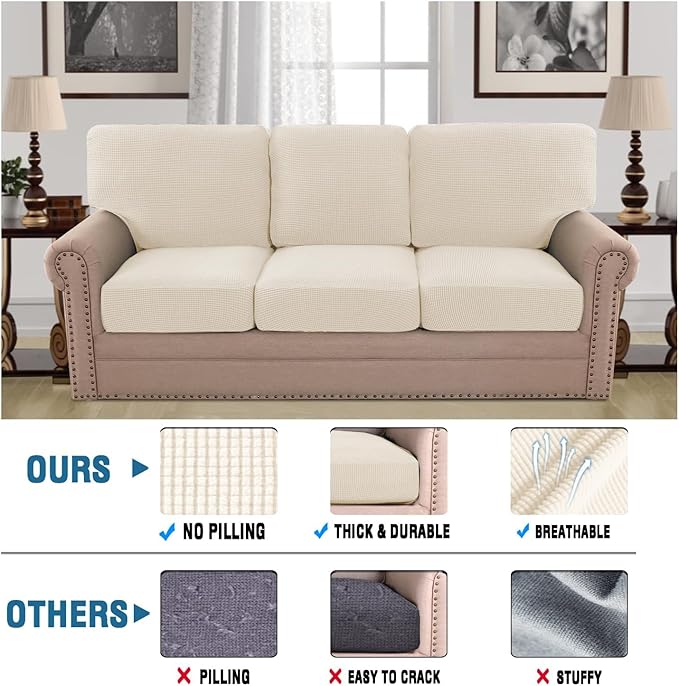 H.VERSAILTEX Multi-Pieces Sofa Covers for Three Cushion Couch Sofa High Stretch Seat Cover Jacquard Textured Twill Fabric(3 Seat Cover Plus 3 Back Cushion Covers, Cream)