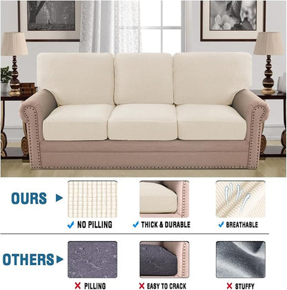 H.VERSAILTEX Multi-Pieces Sofa Covers for Three Cushion Couch Sofa High Stretch Seat Cover Jacquard Textured Twill Fabric(3 Seat Cover Plus 3 Back Cushion Covers, Cream)