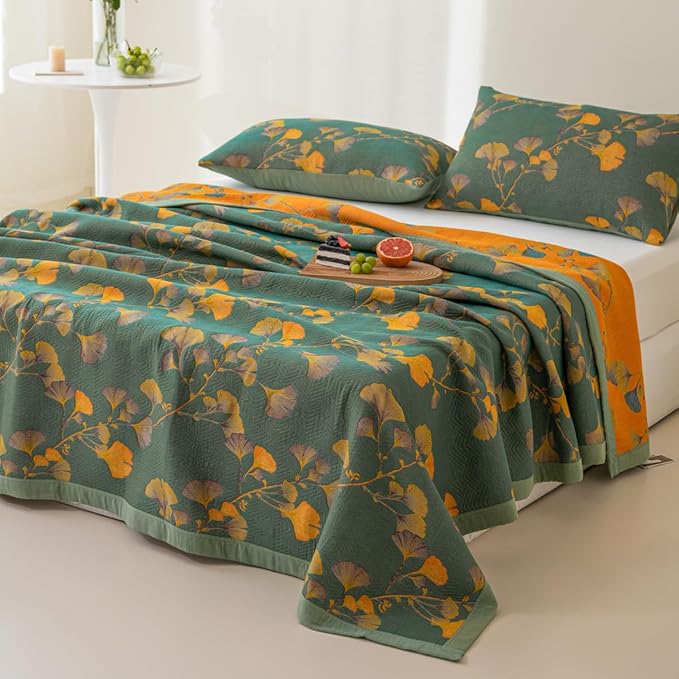 100% Cotton Jacquard Quilt Floral Ginkgo Leaves Print,Soft Muslin Bed Cover 3 Layers Reversible Bedspread Coverlet Breathable Lightweight Bedding,Twin(59"x94"), No Pillow Sham