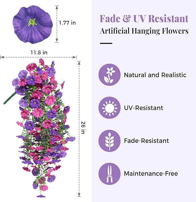 2PCS Artificial Hanging Flowers for Outdoor, Realistic Silk Morning Glory with Eucalyptus Vines, UV Resistant Faux Plants for Patio Balcony Garden Wall Home Decor Window Box Yard(Purplish Red)