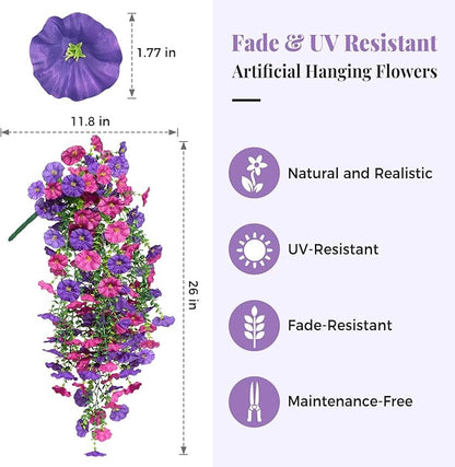 2PCS Artificial Hanging Flowers for Outdoor, Realistic Silk Morning Glory with Eucalyptus Vines, UV Resistant Faux Plants for Patio Balcony Garden Wall Home Decor Window Box Yard(Purplish Red)