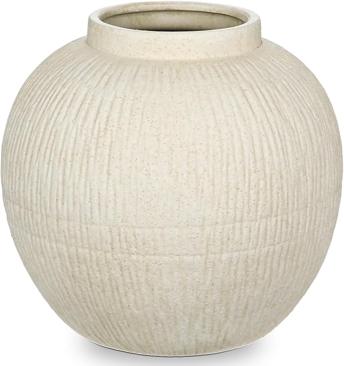 9" Large Rustic Vase with Linear Sculpture and Rich Sand Texture, Round Ceramic Vase with Wide Belly for Space Filling Decor, Retro Style & Beige White