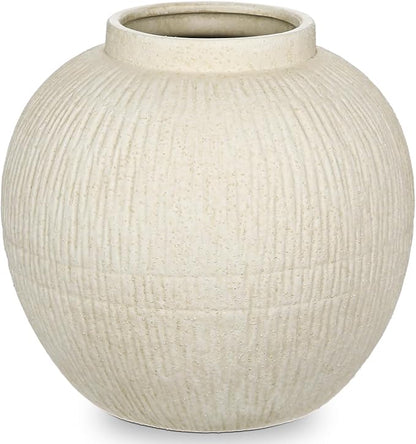 9" Large Rustic Vase with Linear Sculpture and Rich Sand Texture, Round Ceramic Vase with Wide Belly for Space Filling Decor, Retro Style & Beige White